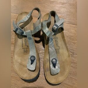 Birkenstock Papillio Womens Size 39 Ashley T Strap Thong Sandals Metallic Wedge